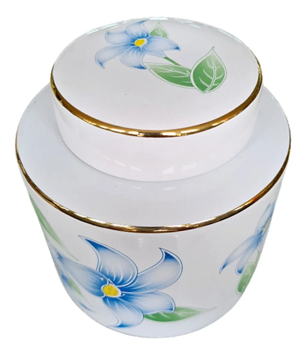 Vaso Decorativo Porcelana Azul e Branca Cilíndrico Floral 15 x 14,5 cm