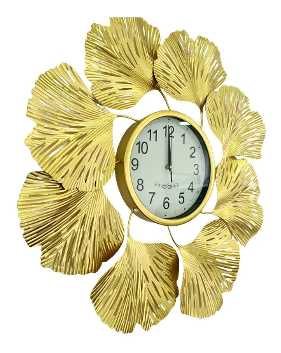 Relógio de Parede Luxuoso em Metal Dourado – Design Europeu com Folhas 3D | 66 cm