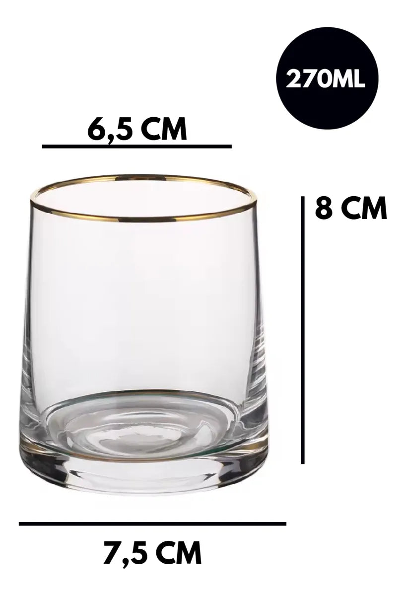 Copo De Whisky Vidro Jogo 6 Peças Borda Dourada 270ml Transparente Borda Dourada