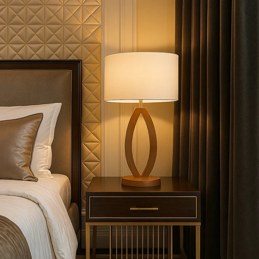 Abajur de Mesa Madeira Imbuia 60x40cm com Cúpula em Linho Bege – Bivolt