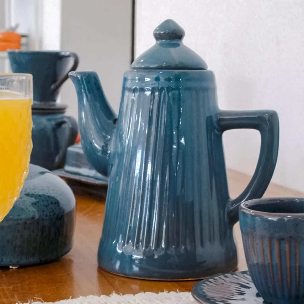 Bule de Café e Chá em Cerâmica Frisada 900ml – Azul Acqua Marine