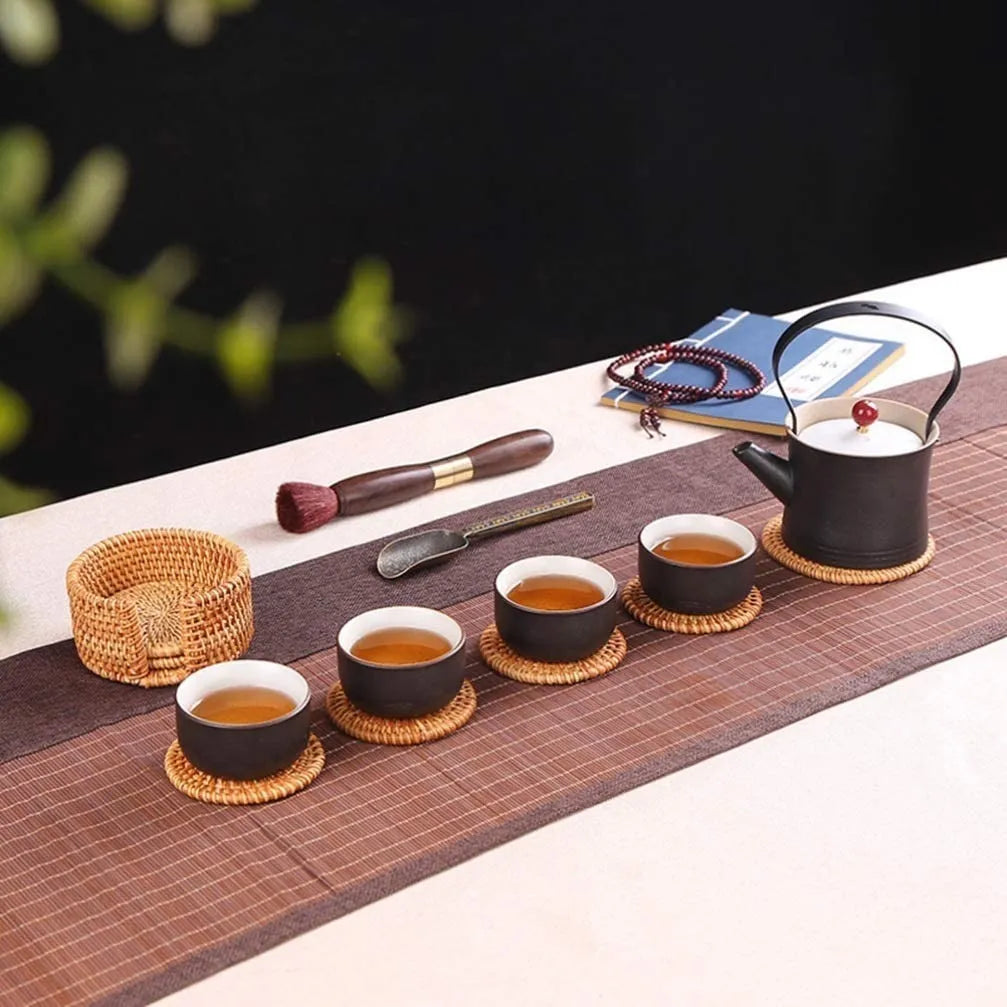 Porta-Copos em Vime com Suporte – Kit com 6 Peças | 10 cm | Marrom-claro