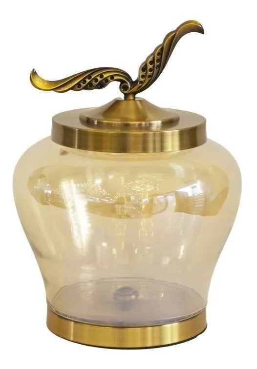 Vaso Decorativo em Vidro Dourado com Tampa e Base em Metal – 38 x 29 cm