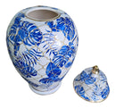 Vaso Decorativo de Porcelana Azul e Branco com Tampa 40x22 cm – Folhas