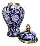 Vaso Decorativo de Porcelana Azul Marinho e Dourado com Tampa – 42x22