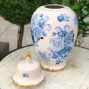 Vaso Decorativo Porcelana Azul e Branca com Tampa 40x20 Florido