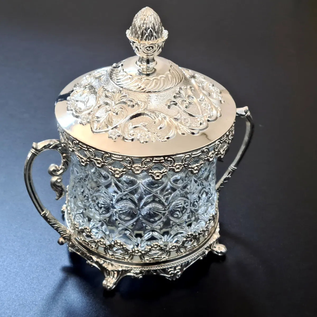 Açucareiro Indiano em Metal e Vidro Prateado 20x14