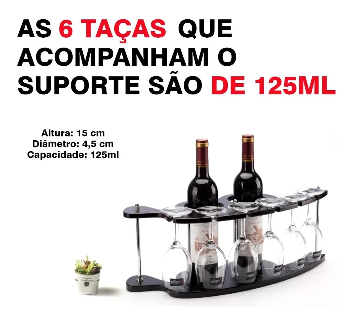 Adega de Vinho Rack em Madeira com Suporte para 2 Garrafas + 6 Taças | Home Bar Decorativo