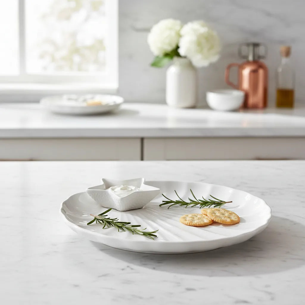 Bandeja Petisqueira Fundo do Mar em Cerâmica Branca 30x30 cm