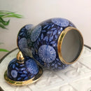 Vaso Decorativo Clássico de Porcelana Azul Marinho e Dourado com Tampa – 34x20 cm