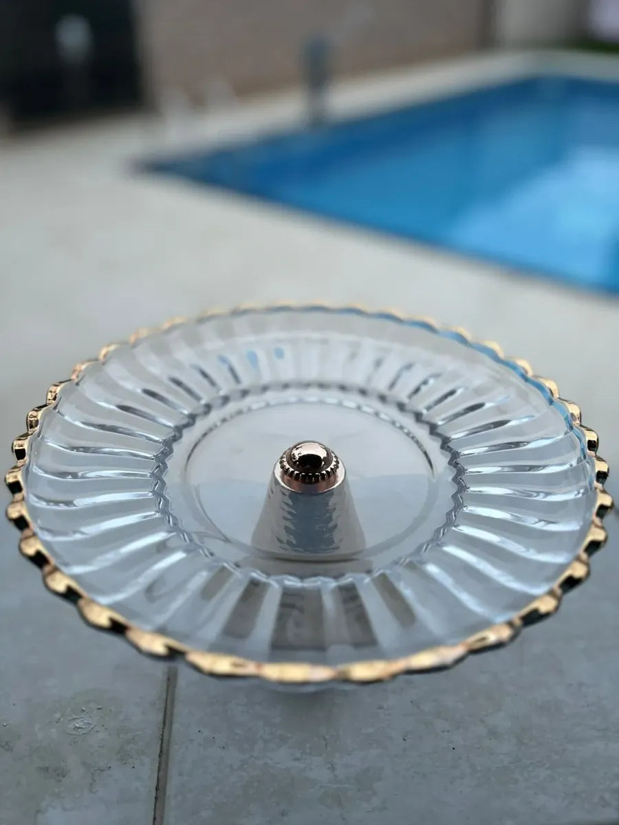 Boleira Centro de Mesa Vidro Borda Dourada 22cm Elegante