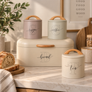 Kit porta-pão com 3 potes herméticos em lata e bambu - 4 peças